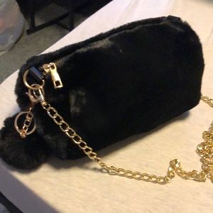 Faux Fir black purse with gold chain